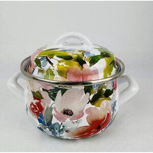 VTG Crofton Casserole Pot Dutch Oven 1 QT Floral Enamelware Double Handle w Lid